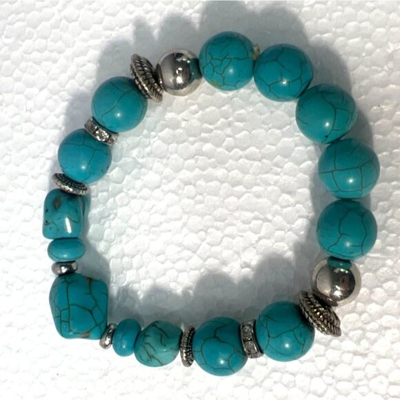 Faux Turquoise Beaded Stretch Bracelets Silver-tone, Rhinestones and Cross - Picture 3 of 6